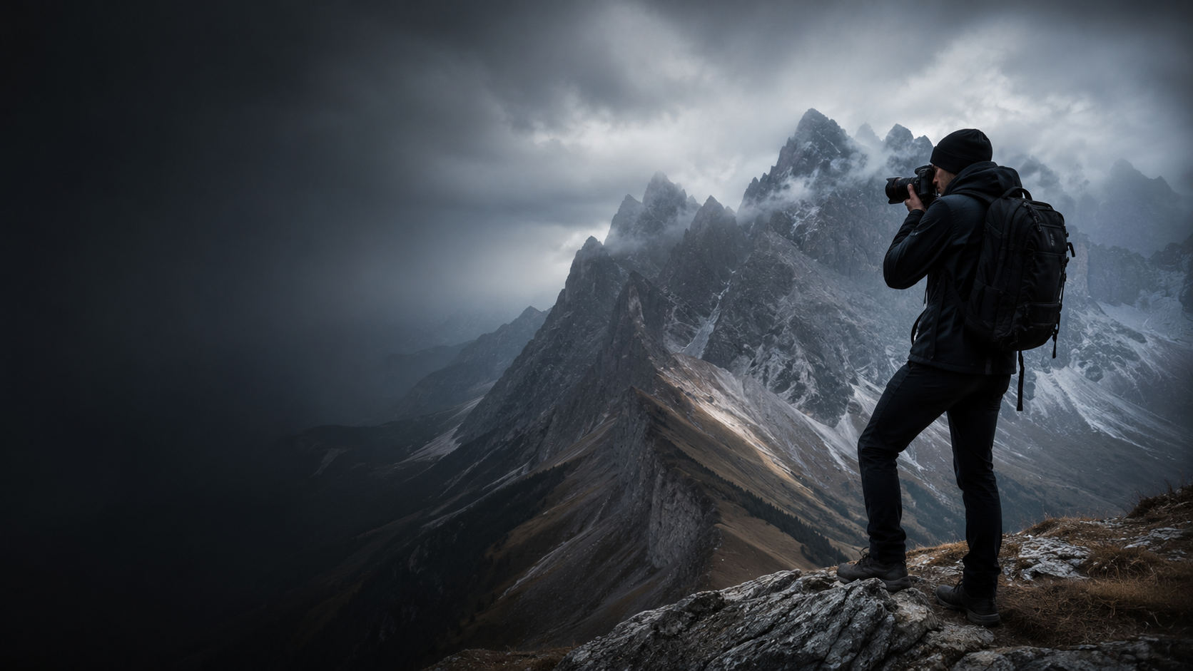 Fotograf fotografiert eine dramatische Berglandschaft unter dunklen Wolken.
