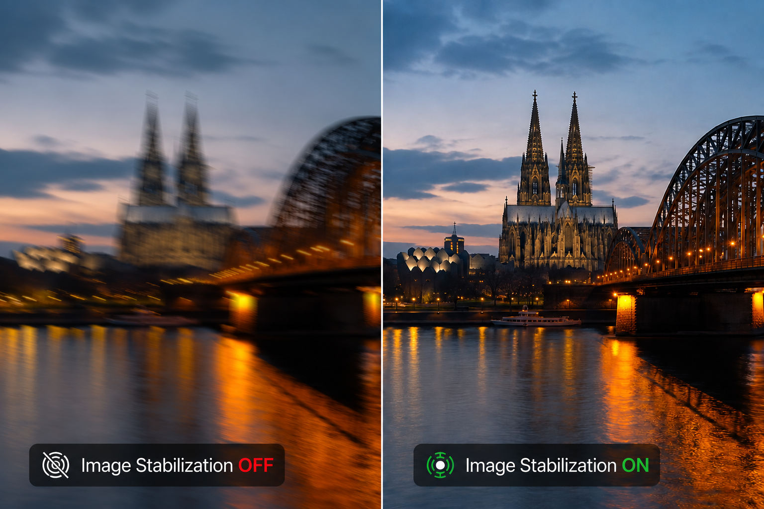 Comparison with and without image stabilization – blurry and sharp