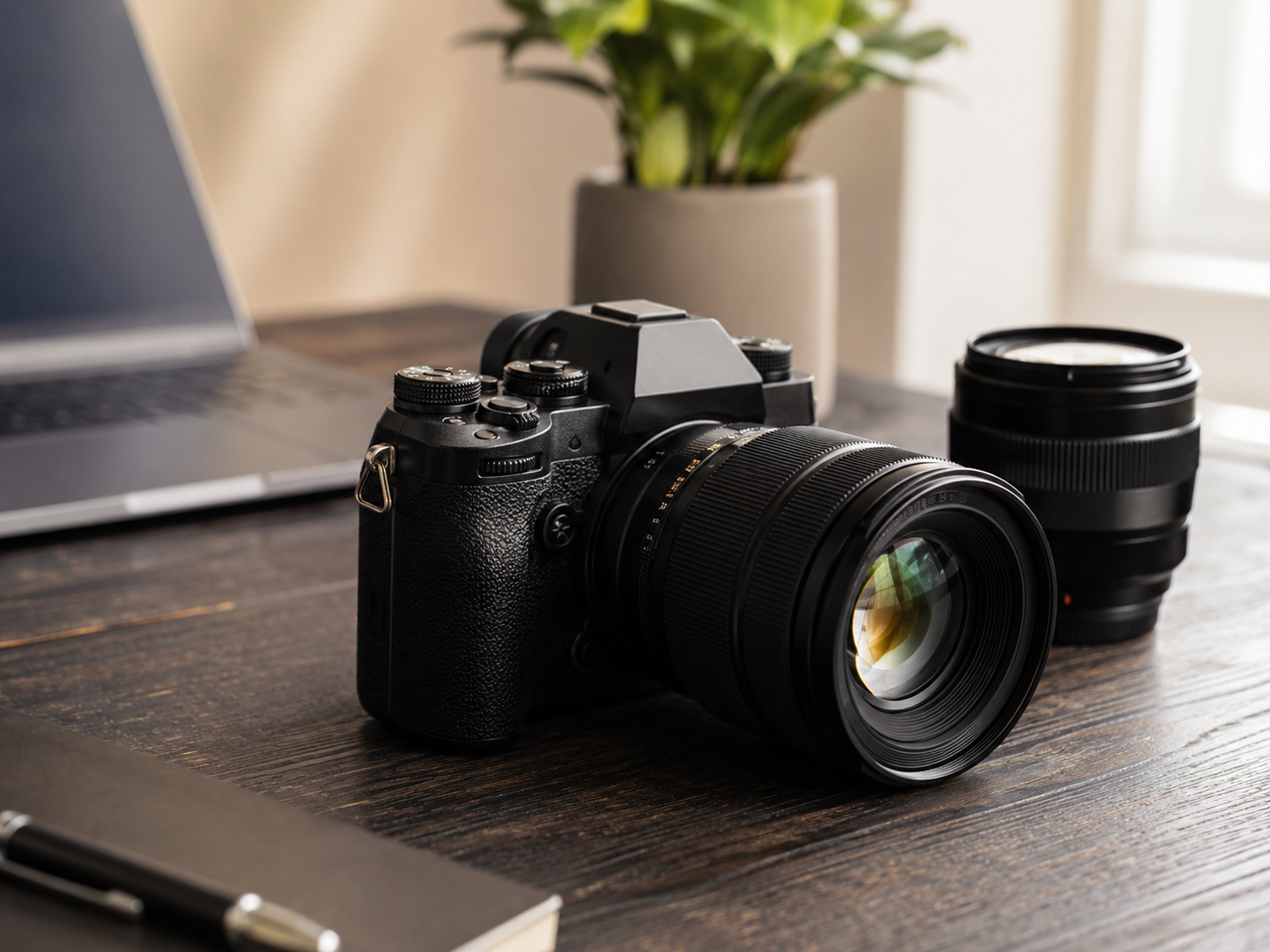 Mirrorless camera with lens on a desk — finding the right camera for beginners