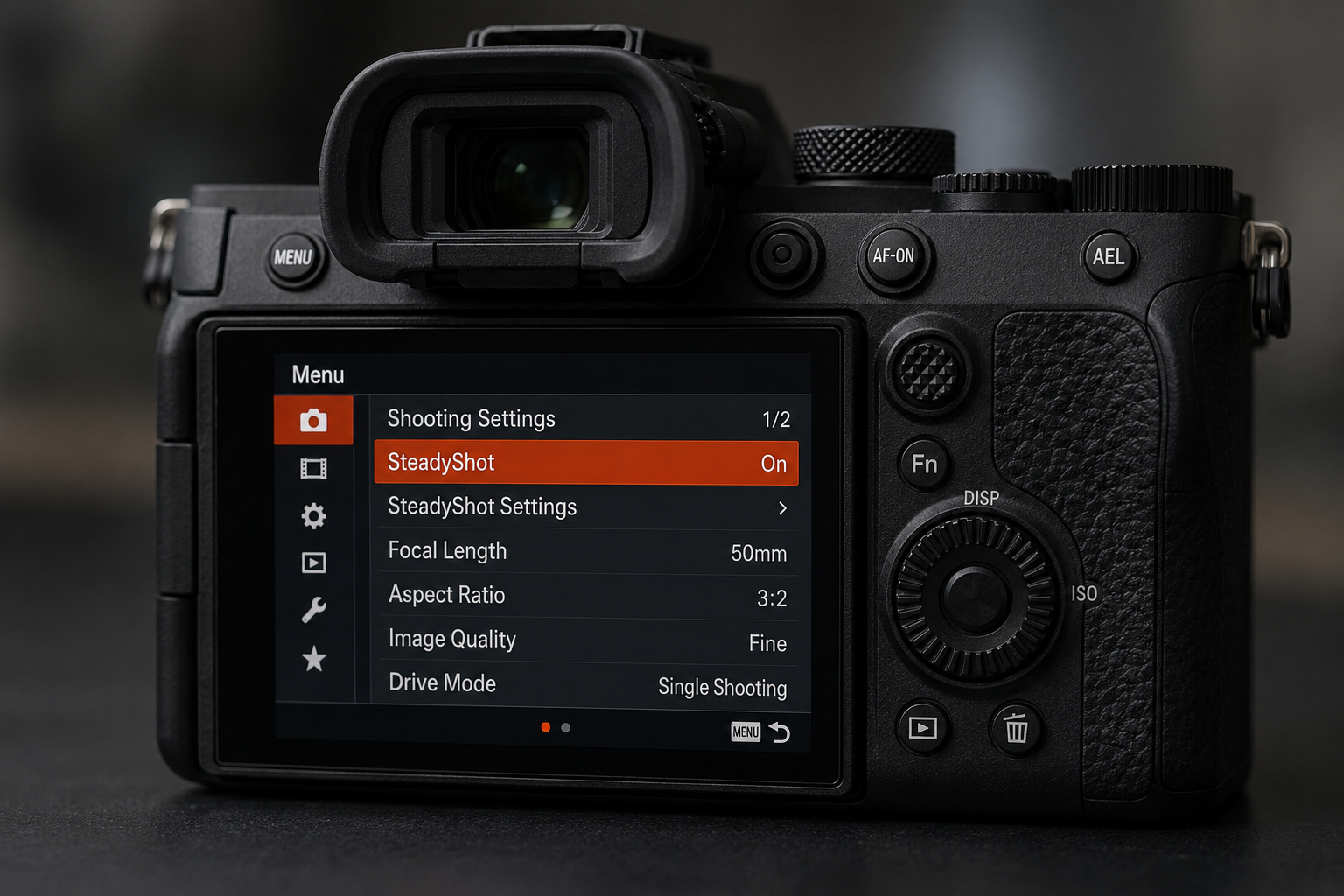 SteadyShot setting in the camera menu – activating image stabilization